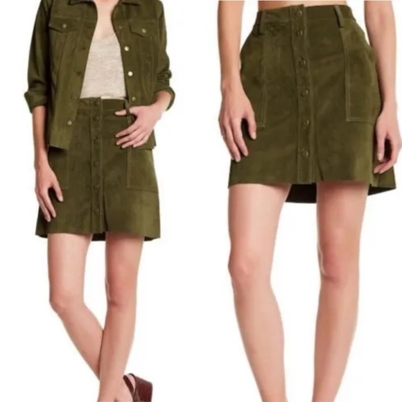 Current/Elliott The Leather Suede Button Front Naval Skirt in Olive Green - Picture 12 of 12